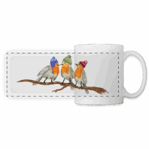 Panorama-Tasse „Drei Rotkehlchen mit Mützen“