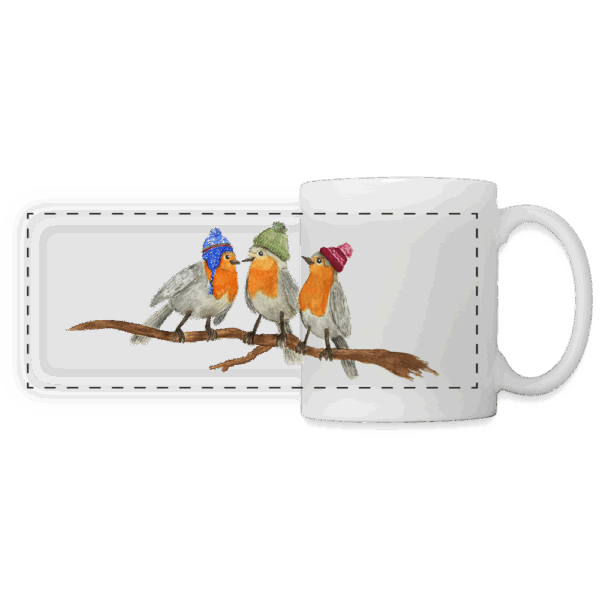 Panorama-Tasse „Drei Rotkehlchen mit Mützen“